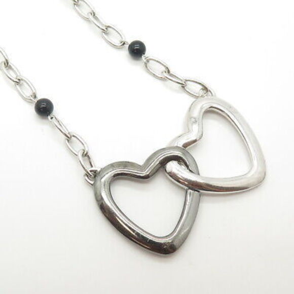 925 Sterling Silver EMPORIO ARMANI Italy Black Onyx Heart Necklace 18" - Picture 4 of 10